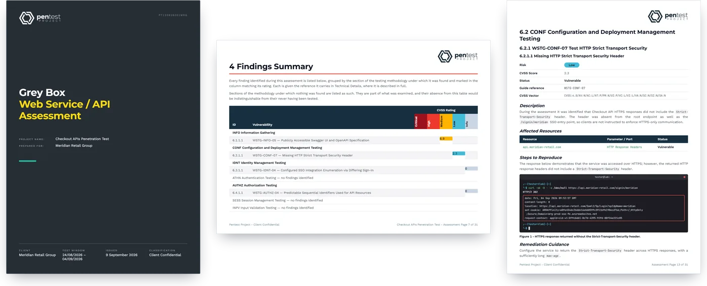 The issued report: cover, findings summary and a finding page