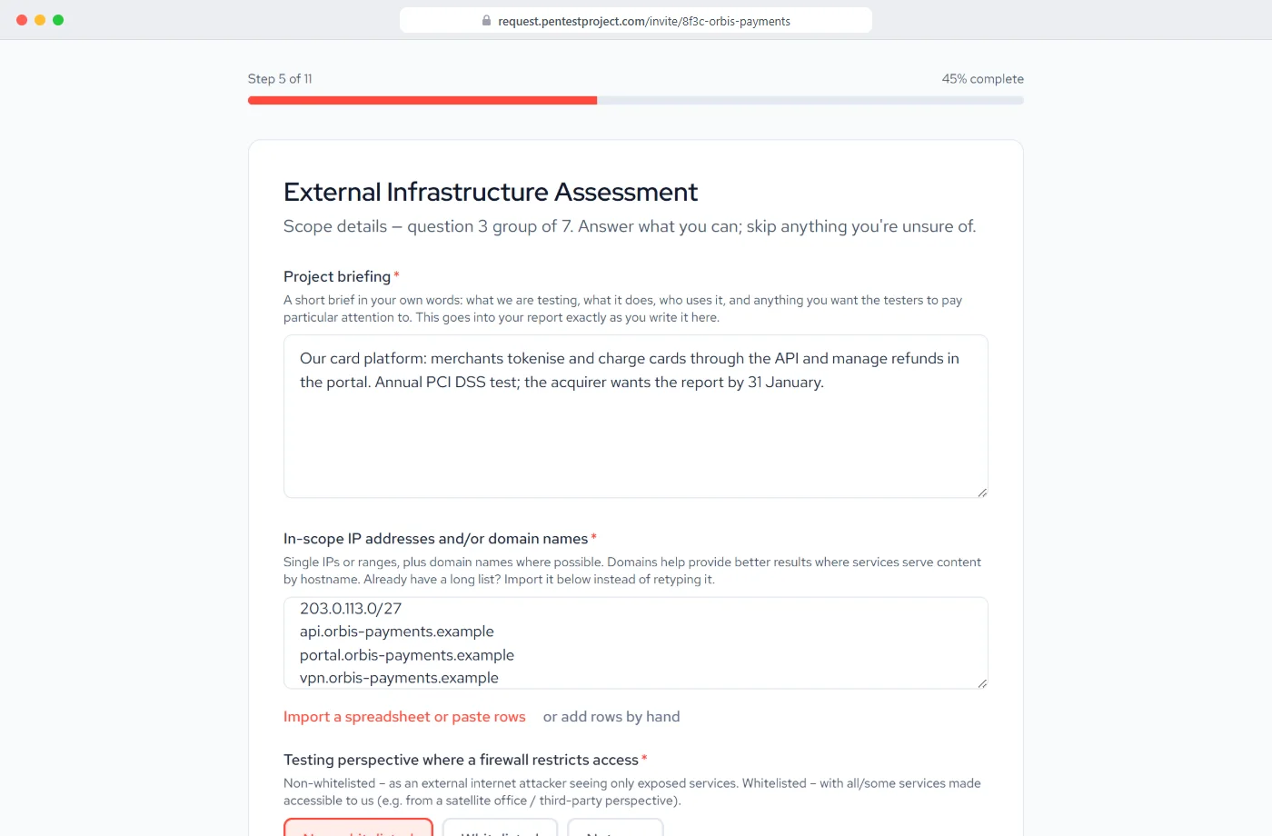 A client answering the questions for an external infrastructure assessment