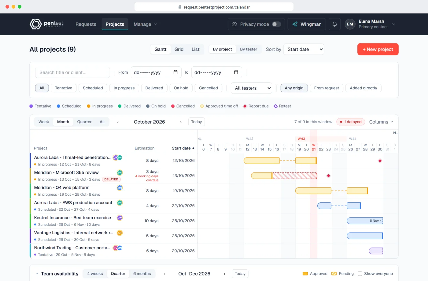 The planning view: projects on a Gantt with their testers, status and report due dates