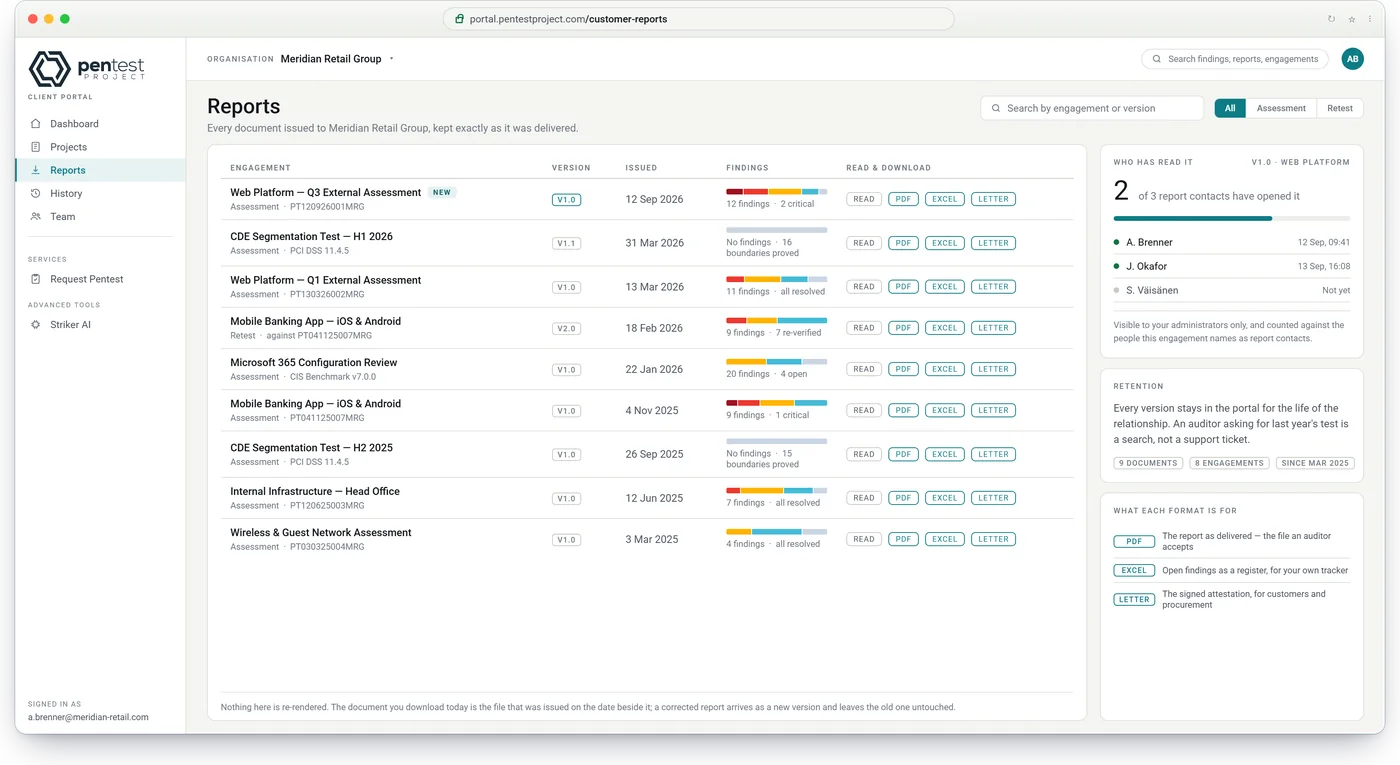 The client's reports register with downloads and read receipts