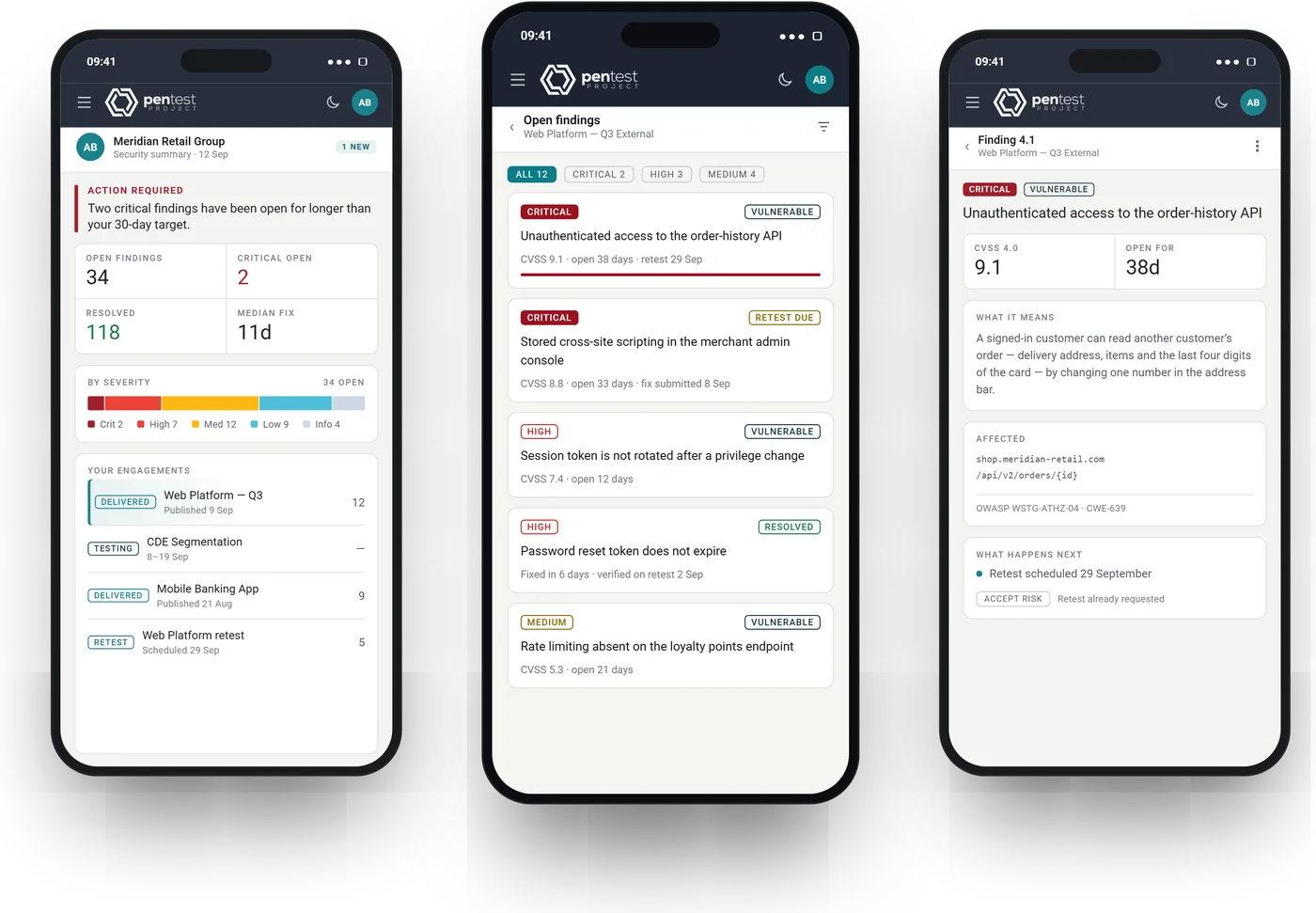 The client portal on three phones