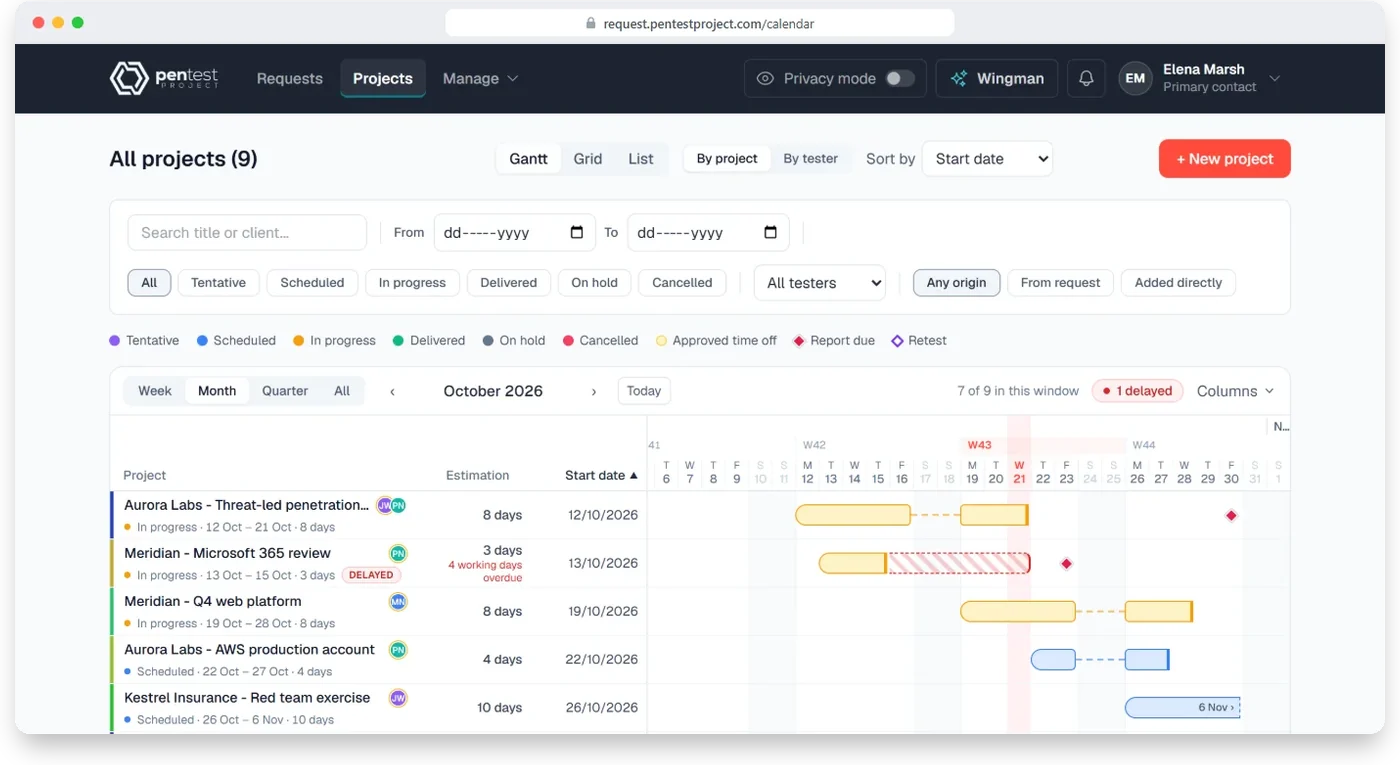 Flint's Projects page: every engagement with its testers, status and dates on a Gantt