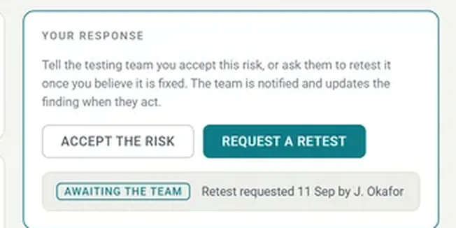 A finding in the client portal with Accept the risk and Request a retest